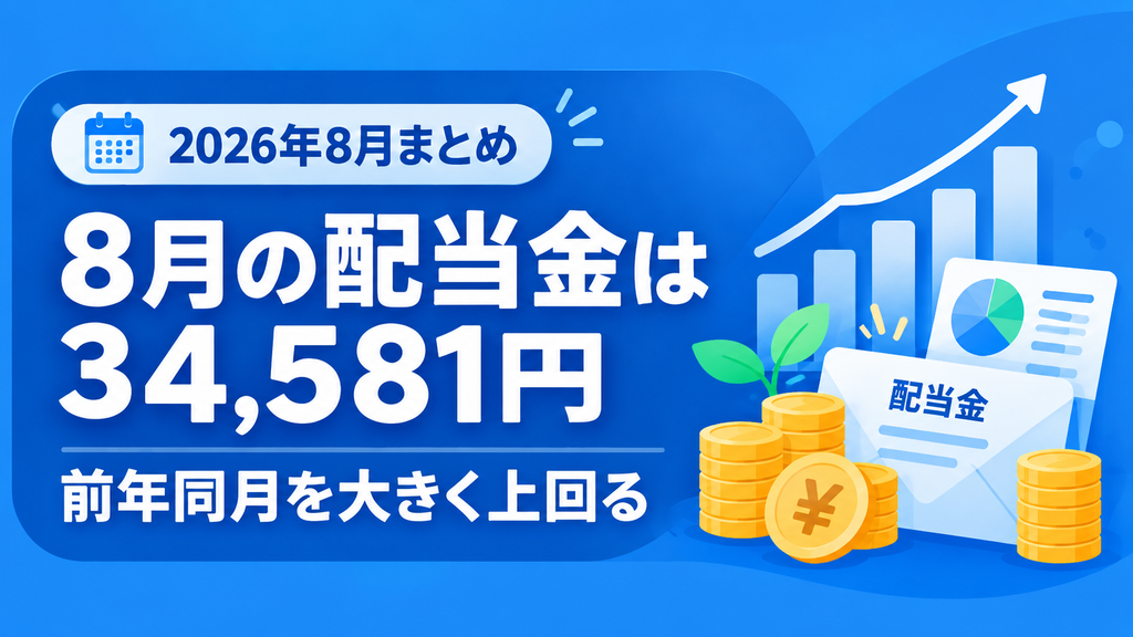 8月の配当金は34,581円。前年同月を大きく上回る