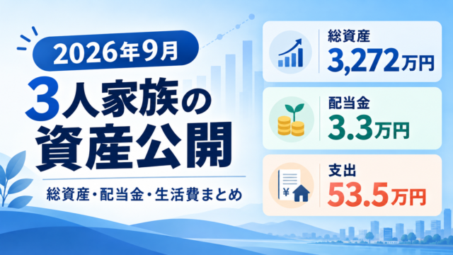 2026年9月の3人家族の資産公開。総資産3,272万円、配当金3.3万円、支出53.5万円の月次報告